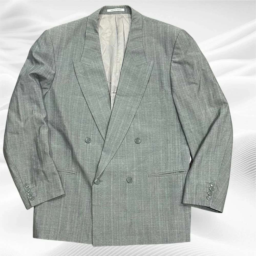 Yves Saint Laurent France Double Breasted Wool Blazer Stripe Peak Ventless 44R